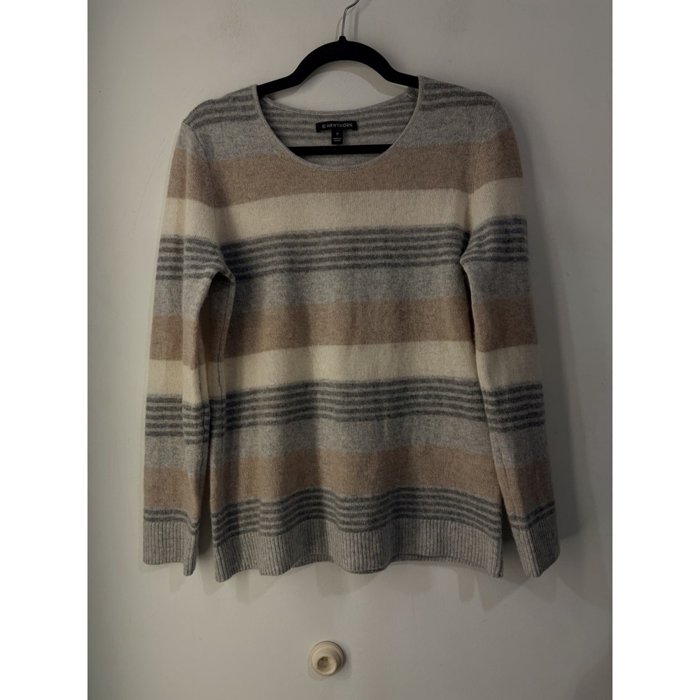 41 Hawthorn 100% Cashmere Stripe Sweater Gray Beige Ivory Women's Medium